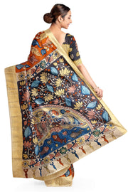 Hand painted Kalamari on Bangalore silk saree in brick red with floral vines .