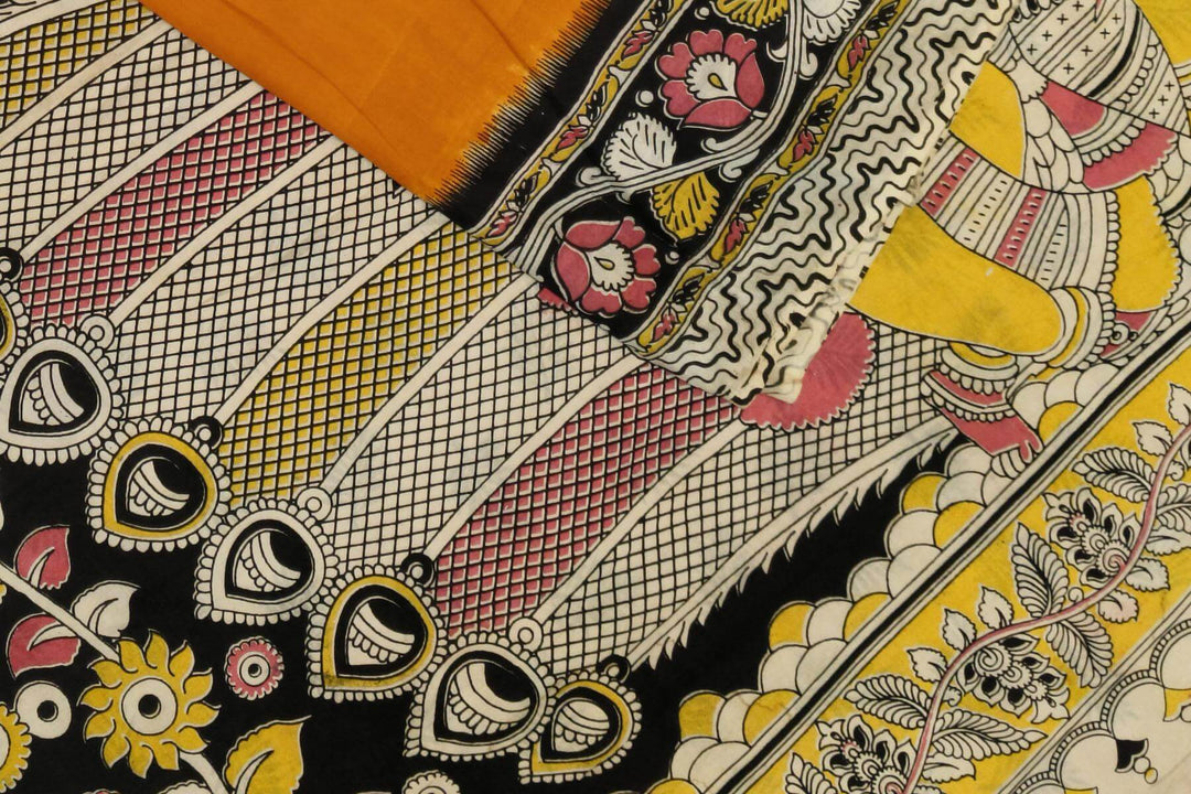 Printed Kalamkari silk cotton saree in mustard & red in partly style