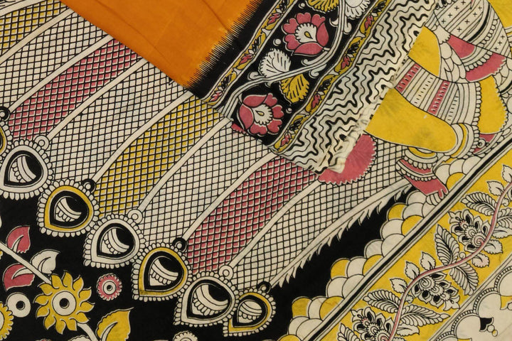 Printed Kalamkari silk cotton saree in mustard & red in partly style