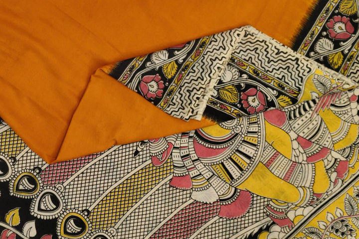 Printed Kalamkari silk cotton saree in mustard & red in partly style