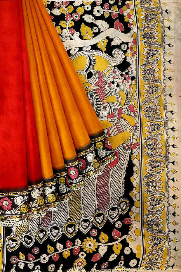 Printed Kalamkari silk cotton saree in mustard & red in partly style