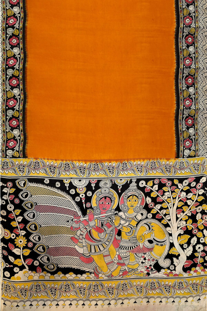 Printed Kalamkari silk cotton saree in mustard & red in partly style