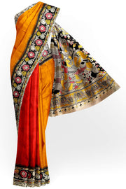 Printed Kalamkari silk cotton saree in mustard & red in partly style