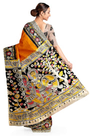 Printed Kalamkari silk cotton saree in mustard & red in partly style