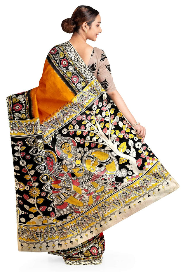Printed Kalamkari silk cotton saree in mustard & red in partly style