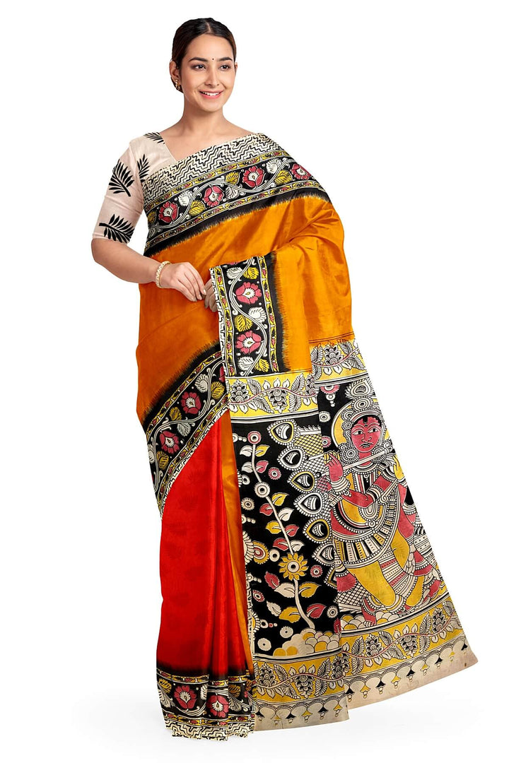 Printed Kalamkari silk cotton saree in mustard & red in partly style