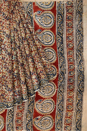 Printed Kalamkari silk cotton saree in maroon and without blouse