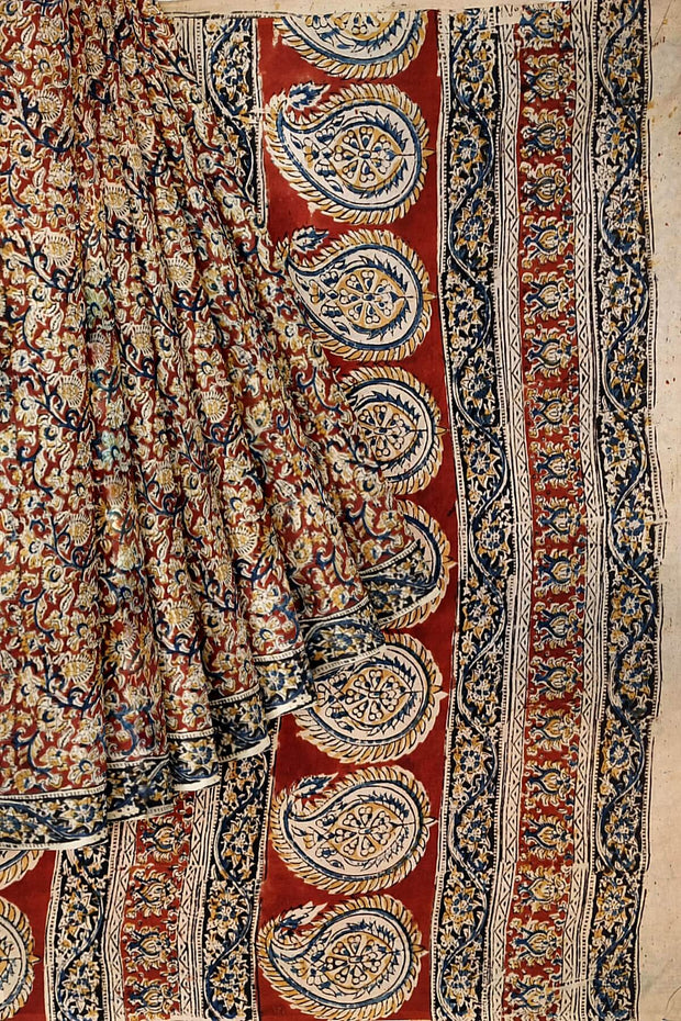 Printed Kalamkari silk cotton saree in maroon and without blouse