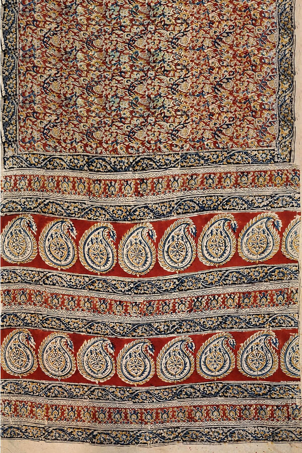 Printed Kalamkari silk cotton saree in maroon and without blouse