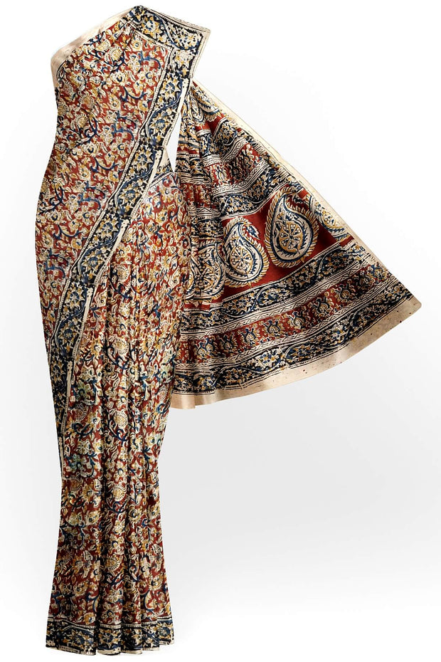 Printed Kalamkari silk cotton saree in maroon and without blouse