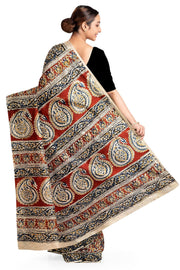 Printed Kalamkari silk cotton saree in maroon and without blouse