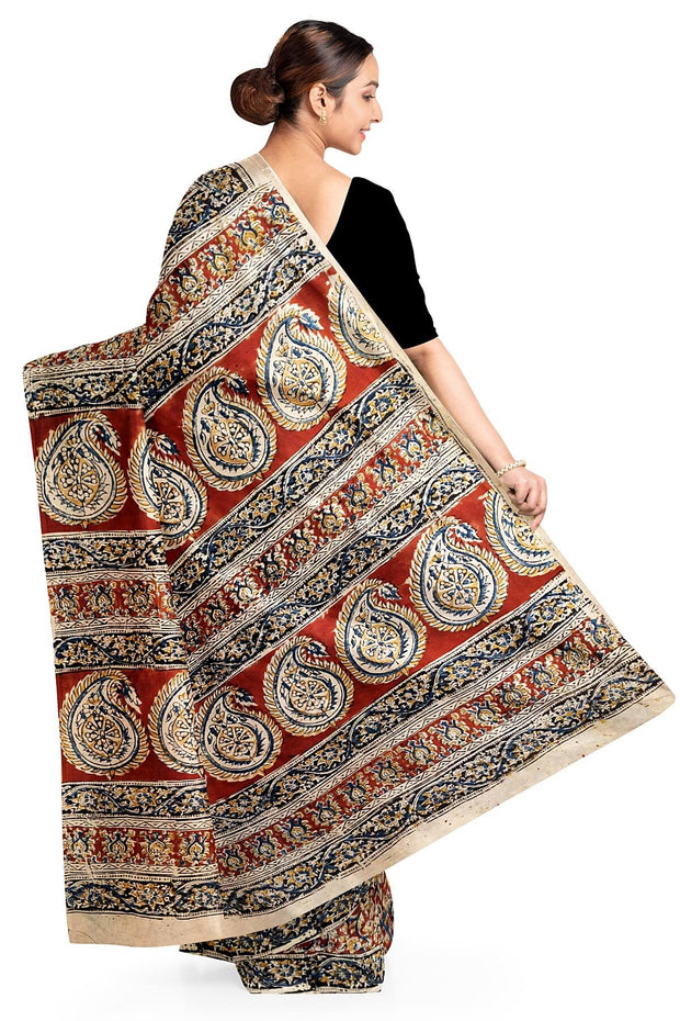 Printed Kalamkari silk cotton saree in maroon and without blouse