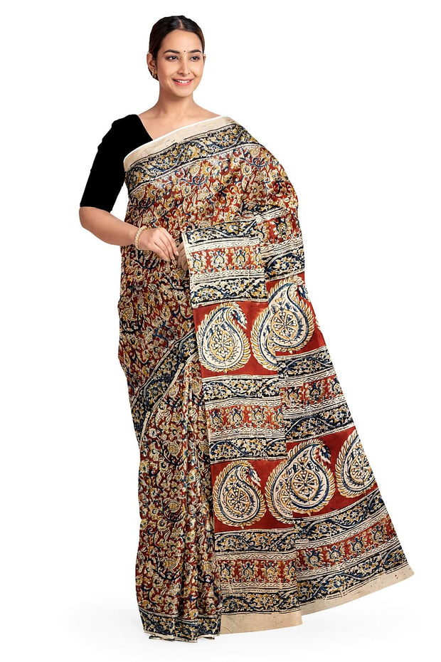 Printed Kalamkari silk cotton saree in maroon and without blouse