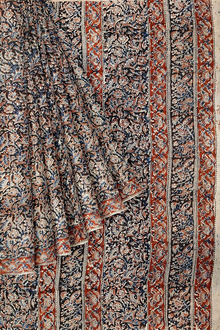 Printed kalamkari  silk cotton saree  in black & maroon