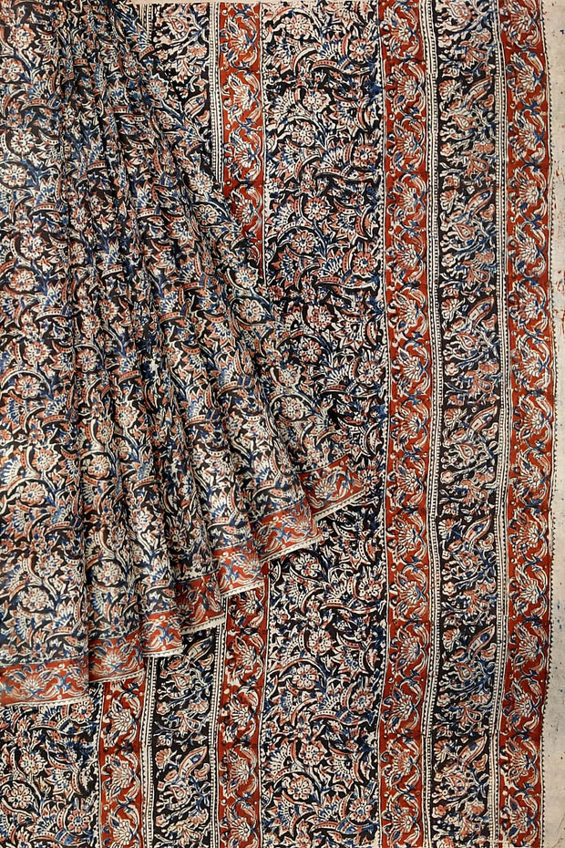 Printed kalamkari  silk cotton saree  in black & maroon