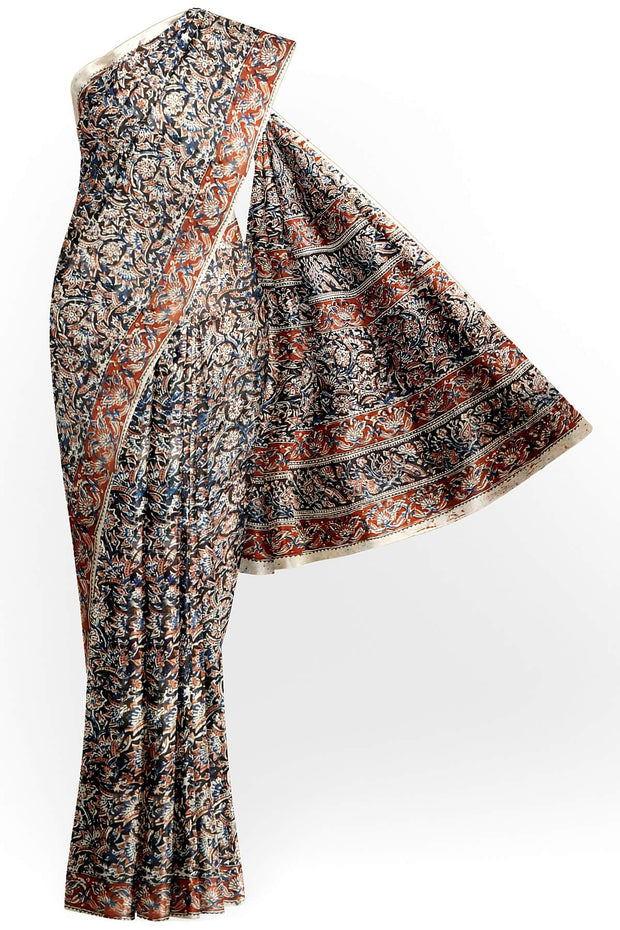 Printed kalamkari  silk cotton saree  in black & maroon