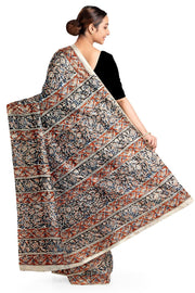 Printed kalamkari  silk cotton saree  in black & maroon