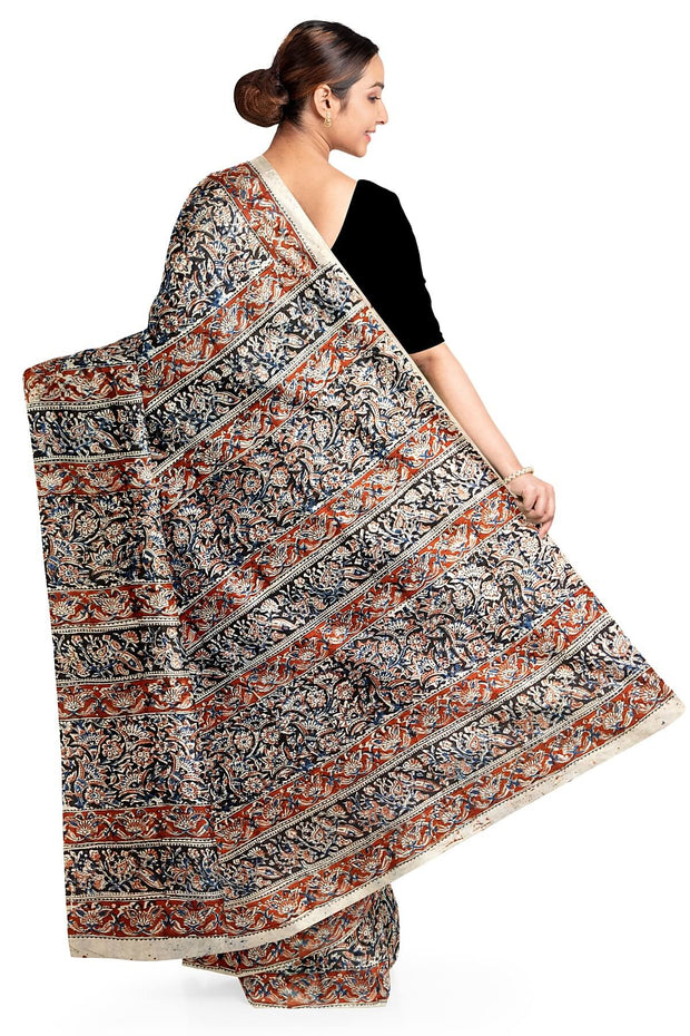 Printed kalamkari  silk cotton saree  in black & maroon
