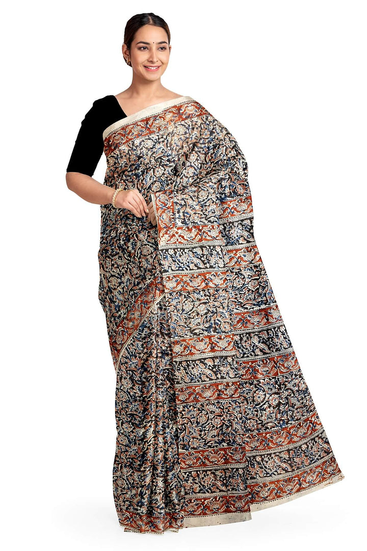 Printed kalamkari  silk cotton saree  in black & maroon
