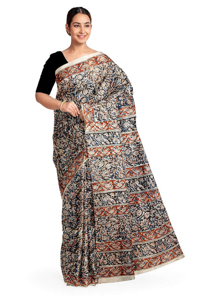 Printed kalamkari  silk cotton saree  in black & maroon