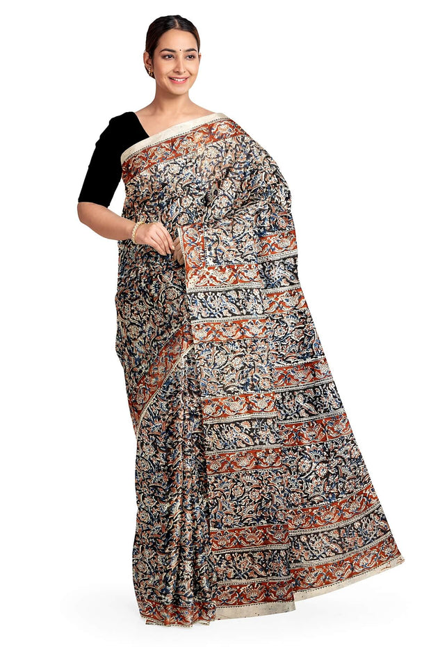 Printed kalamkari  silk cotton saree  in black & maroon