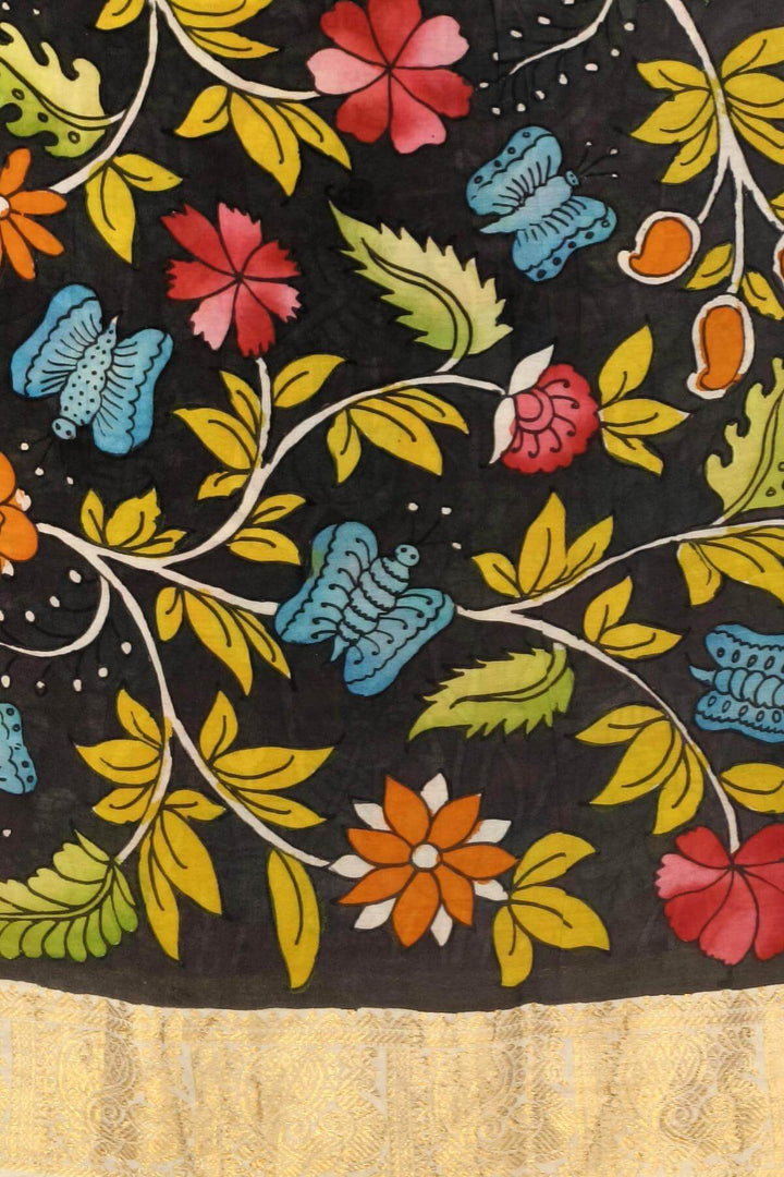Hand painted Kalamkari on Bangalore silk saree in maroon with lotus vines