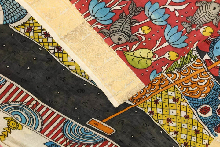 Hand painted Kalamkari on Bangalore silk saree in maroon with lotus vines