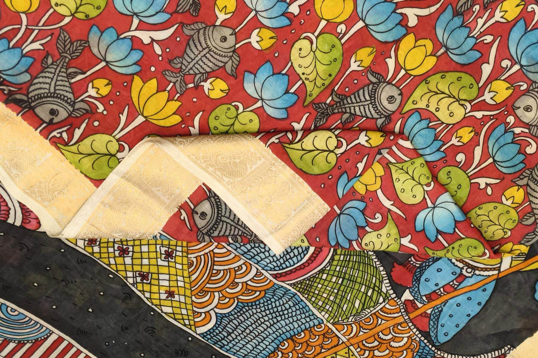 Hand painted Kalamkari on Bangalore silk saree in maroon with lotus vines