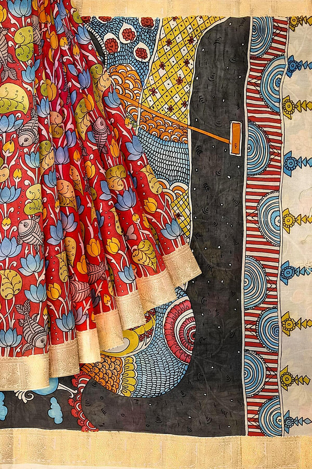 Hand painted Kalamkari on Bangalore silk saree in maroon with lotus vines