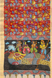 Hand painted Kalamkari on Bangalore silk saree in maroon with lotus vines