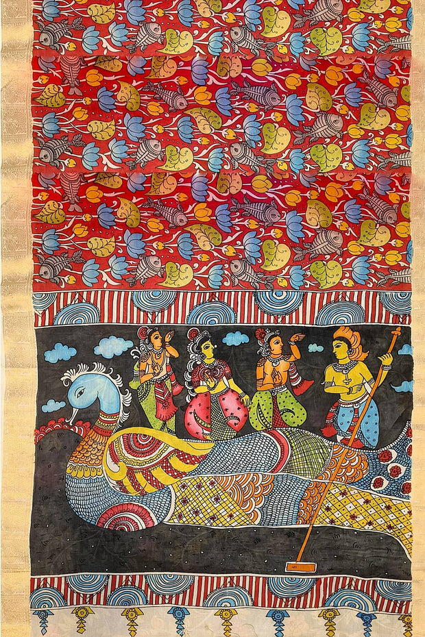 Hand painted Kalamkari on Bangalore silk saree in maroon with lotus vines