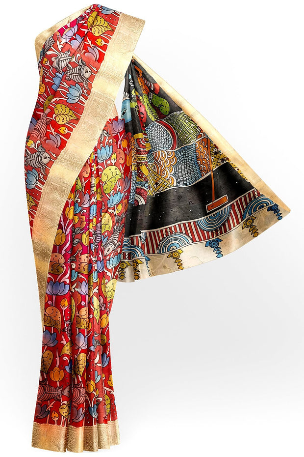 Hand painted Kalamkari on Bangalore silk saree in maroon with lotus vines