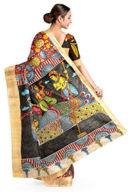 Hand painted Kalamkari on Bangalore silk saree in maroon with lotus vines