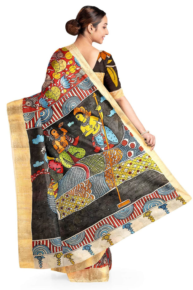 Hand painted Kalamkari on Bangalore silk saree in maroon with lotus vines