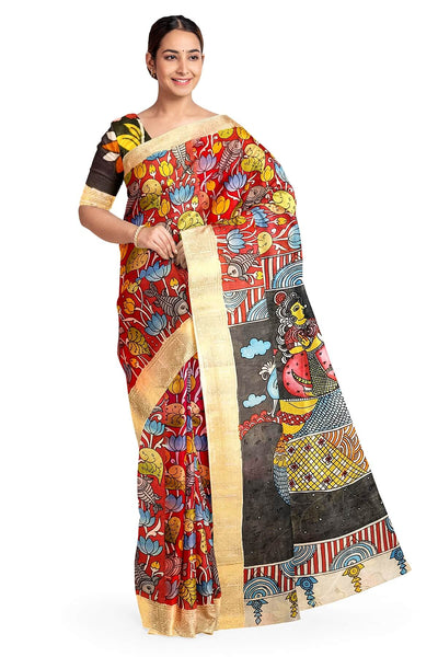 Hand painted Kalamkari on Bangalore silk saree in maroon with lotus vines