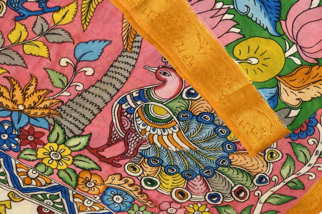 Hand painted Kalamkari on Bangalore silk saree in green