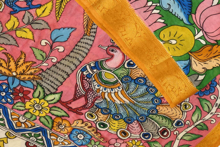 Hand painted Kalamkari on Bangalore silk saree in green