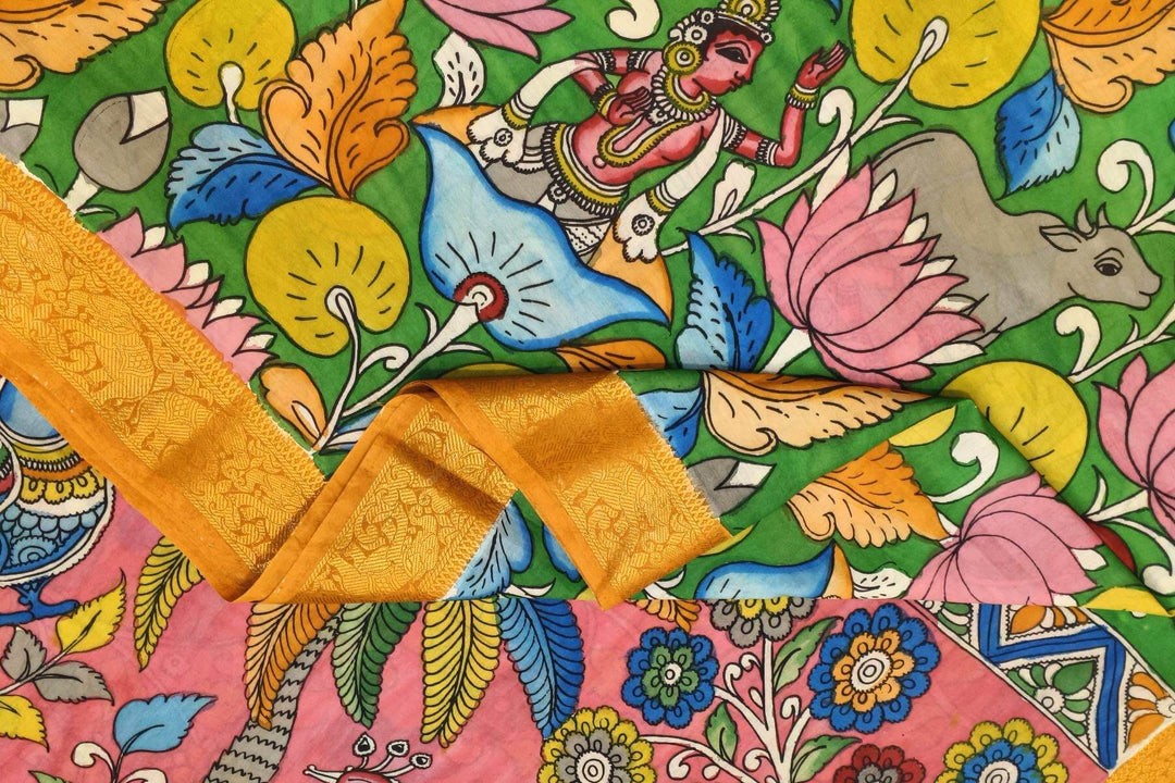 Hand painted Kalamkari on Bangalore silk saree in green