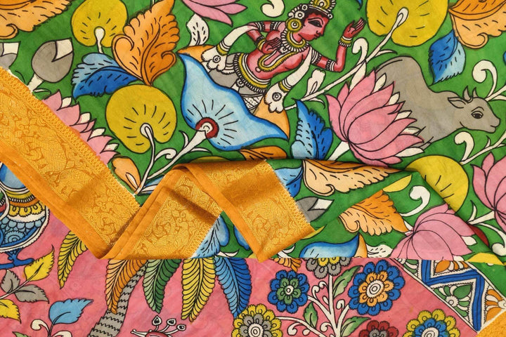 Hand painted Kalamkari on Bangalore silk saree in green
