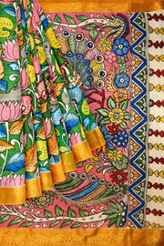 Hand painted Kalamkari on Bangalore silk saree in green