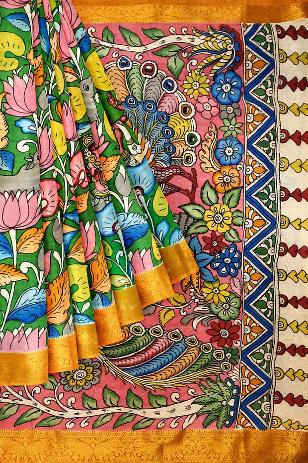 Hand painted Kalamkari on Bangalore silk saree in green