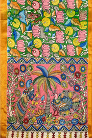 Hand painted Kalamkari on Bangalore silk saree in green