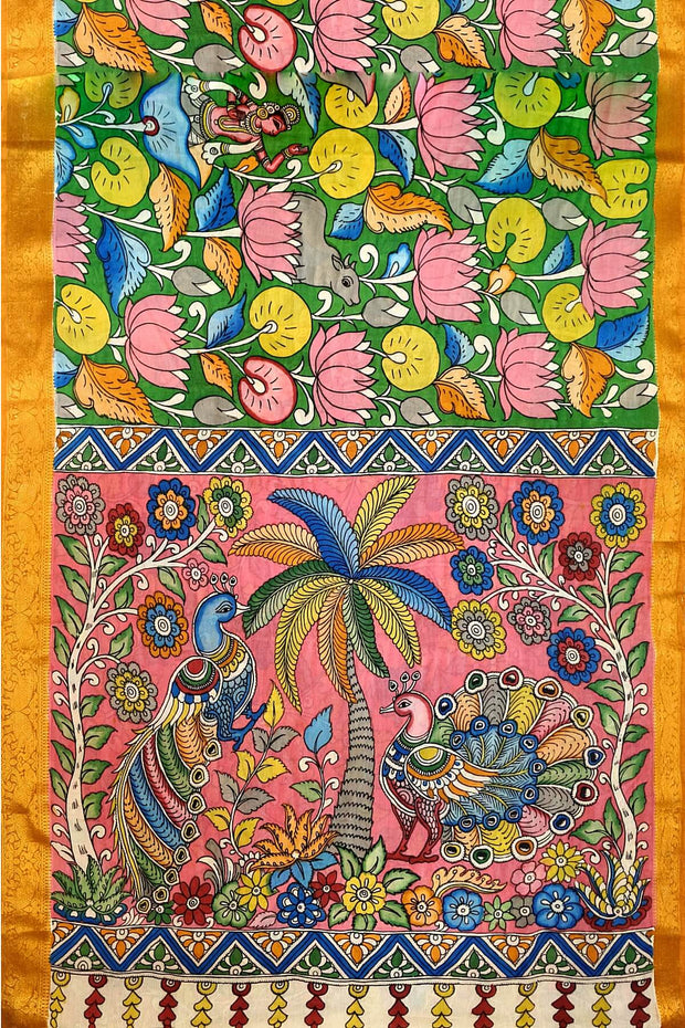 Hand painted Kalamkari on Bangalore silk saree in green