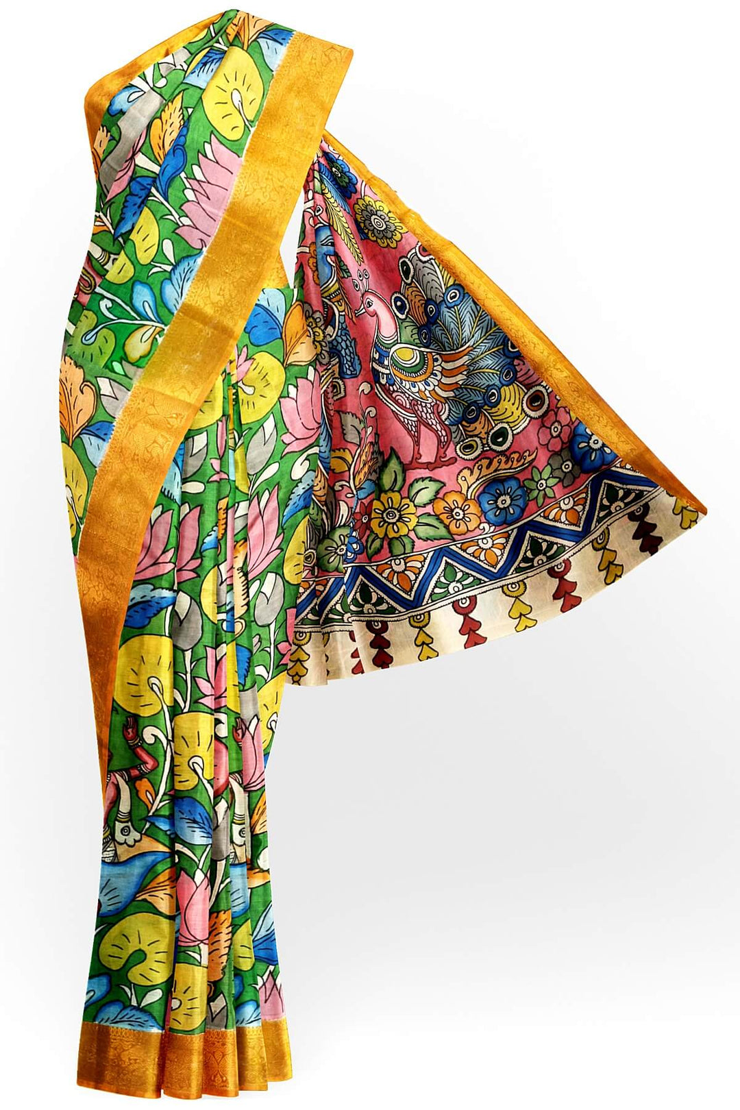 Hand painted Kalamkari on Bangalore silk saree in green