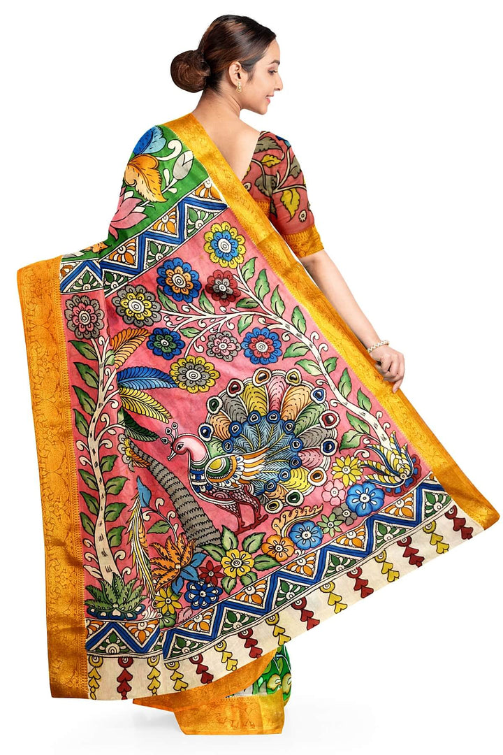 Hand painted Kalamkari on Bangalore silk saree in green