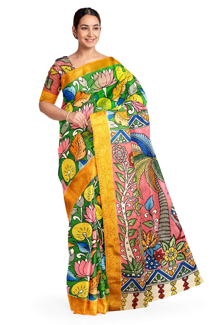 Hand painted Kalamkari on Bangalore silk saree in green