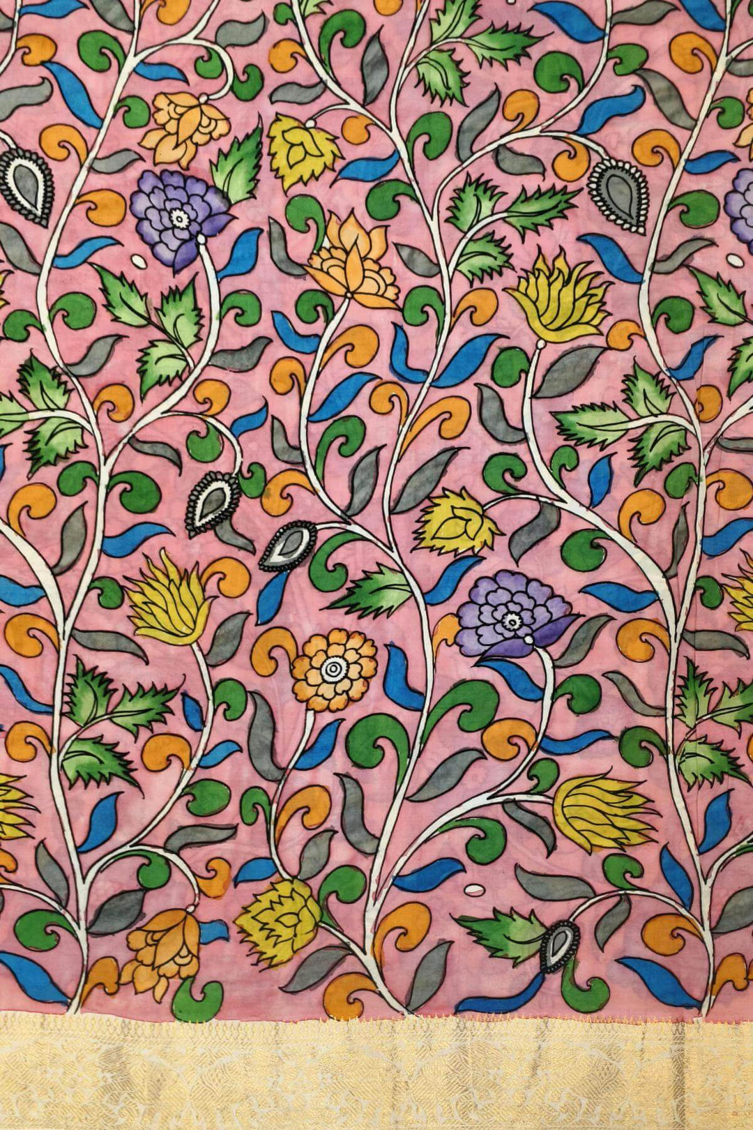 Hand painted Kalamkari on Bangalore silk saree in light yellow