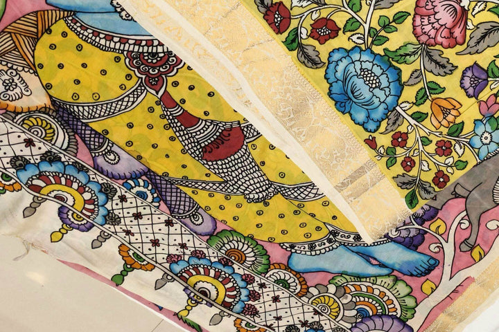 Hand painted Kalamkari on Bangalore silk saree in light yellow
