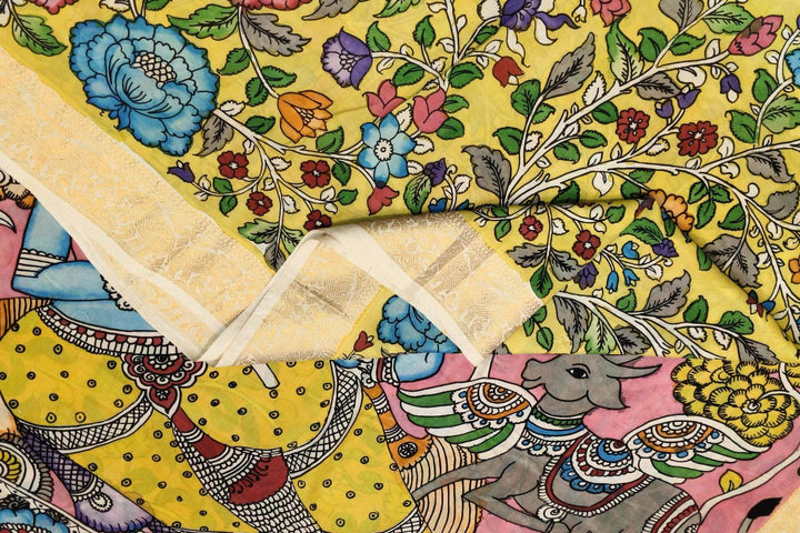 Hand painted Kalamkari on Bangalore silk saree in light yellow