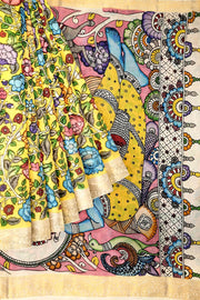 Hand painted Kalamkari on Bangalore silk saree in light yellow